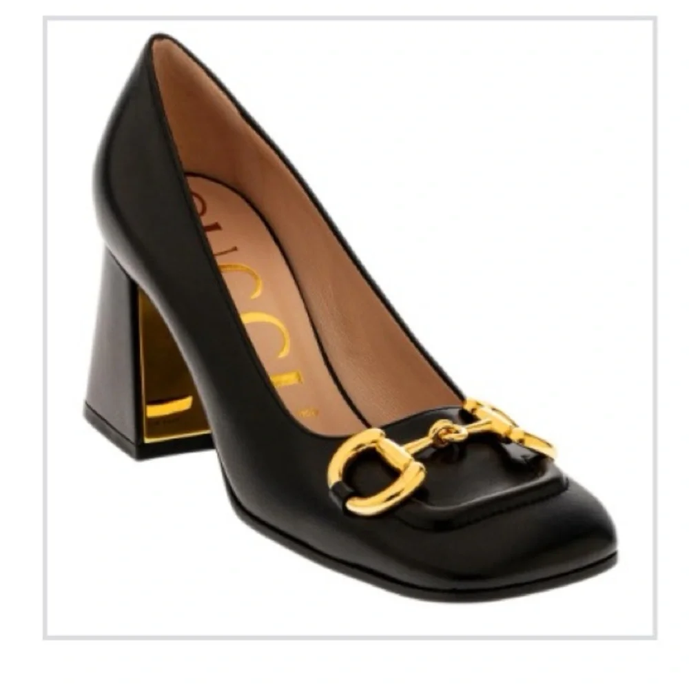 Gucci Black Leather Heels with Gold Horsebit - Picture 1 of 14